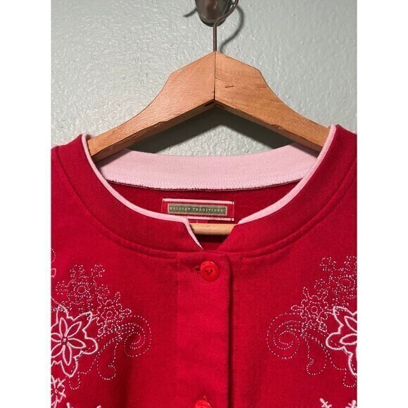 Holiday Traditions Women's Red and White Button Christmas Snowflake Sweater L - Picture 5 of 9